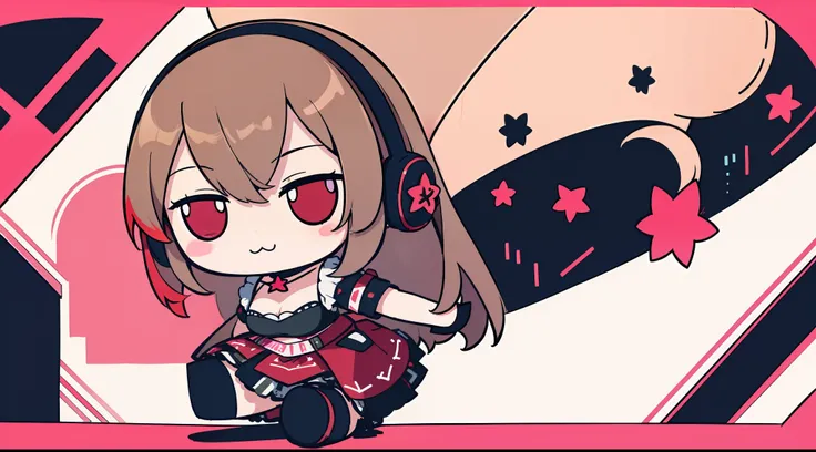 (Masterpiece, highest quality)), detailed face, Full body, full of details, highly detailed, depth, many parts, 1girl, girl in a skirt and headphones, :3, long hair, bangs, multicolored hair, two-tone hair, gradient hair, brown hair with pink tips, [[[[[[[...
