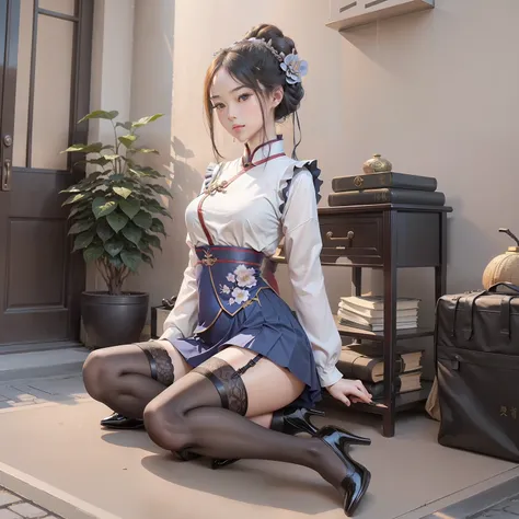 Qing dynasty female student，校服，There must be only one person in the whole picture，All high heels must be displayed in their entirety，The entire leg must be displayed in its entirety, And must wear extra-long gloves，Stockings are mandatory，High heels must be worn，It is forbidden to appear men，Must be a full-body image，anatomy correct，high detal，Each character must have only two legs，（realisticlying，tmasterpiece，The best quality，hyper HD，The is very detailed，cinmatic lighting），（delicated face，best qualtiy，very detailed eyes and faces，Amazing beauty）