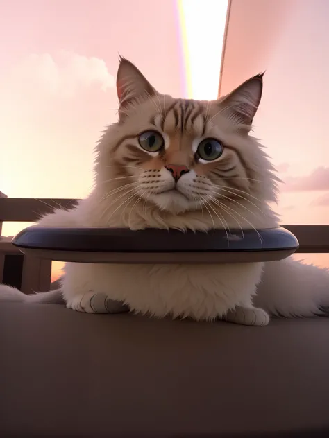 Theres a cat thats lying on top of a cloud on top of a rainbow., he is very relaxed, facing toward camera, sentado en su trono, Gato , muy guapo, Aspecto orgulloso, foto del gato, descansando en su trono en el cielo,taken on a 2010s camera, holding it out ...