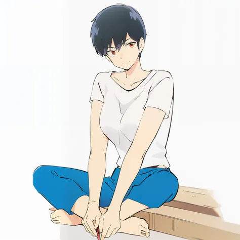 short-haired and boyish girl、white  shirt、jeans、a smile、eating watermelon