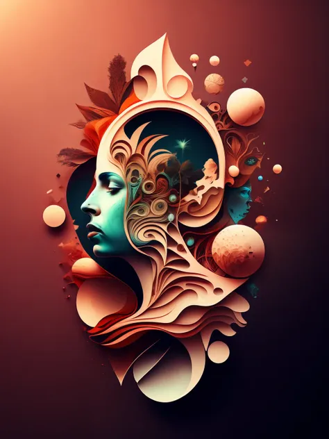 a stylized image of a person's head with many different things in it, cozinha, praia, gymnastics