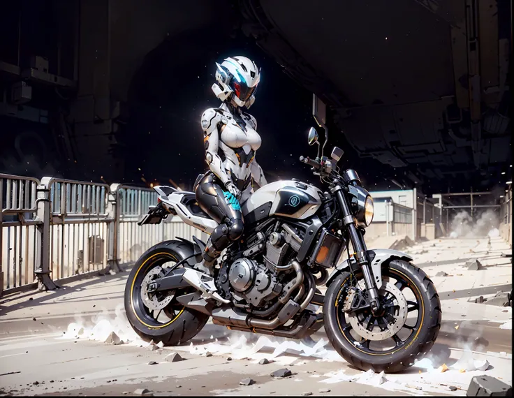 (alta calidad, obra maestra), 1girl, Detalles intrincados, (Realistic lighting shading), File Size Huge, high resolusion, elegante, realista, (perfect anatomical depiction of the human body), Teen is stopping his motorcycle at a cyberpunk location , (la mu...