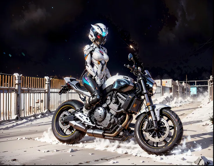 (alta calidad, obra maestra), 1girl, Detalles intrincados, (Realistic lighting shading), File Size Huge, high resolusion, elegante, realista, (perfect anatomical depiction of the human body), Teen is stopping his motorcycle at a cyberpunk location , (la mu...