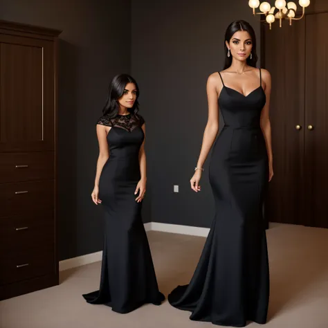 arafed woman demure in a black dress standing in a room, vestir formal, vestir preto longo, usando um vestir de noite, vestido d...