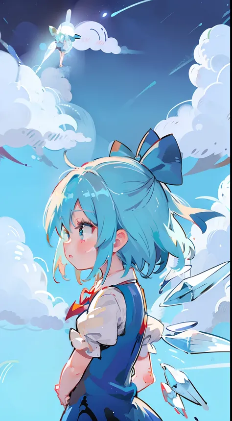 cirno
1girl,blue hair,hair bow,blue dress,short sleeves, ice wings,red bowtie、cute little、profile、​masterpiece、top image quality...