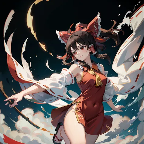 anime art of bo li reimu wearing traditional chinese costume, 1girl in, solo, breasts, hair bow, detached sleeves, bow, chinese ...