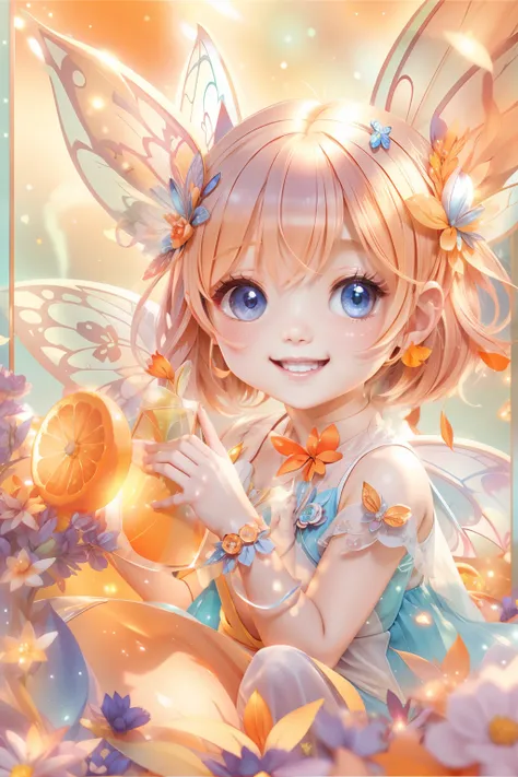 cute fairy with a sense of transparency、bright smile、have fun playing、beautiful background、bright background、orange background