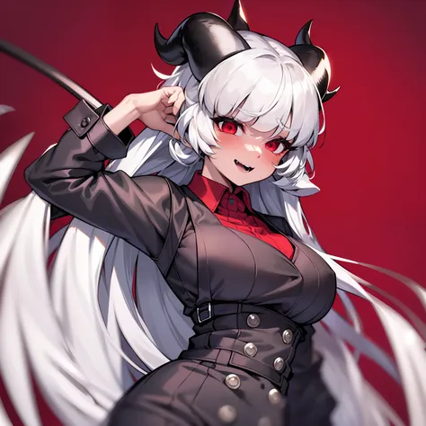 malina(helltaker), large breasts, black horns, white hair, shirt, short hair, blush, black skirt, demon horns, demon girl, solo,...