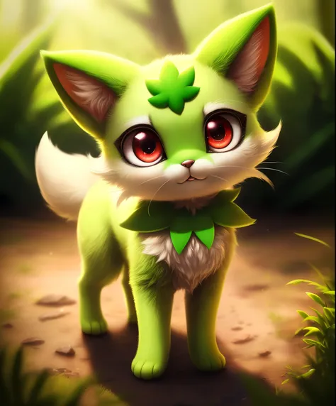 uploaded on e621, ((by silverfox5213)), solo (quadruped feral:1.4), ((sprigatito with green body and red eyes, check tuft)), (de...