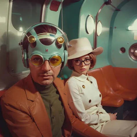 4k image from a 1960s science fiction film by Wes Anderson, Filme O Grande Hotel Budapeste, pastels colors, Young people wearing retrofuturistic alien glasses and holding colorful suitcases and chests on the bus, Retro-futuristic fashion clothes from the 6...