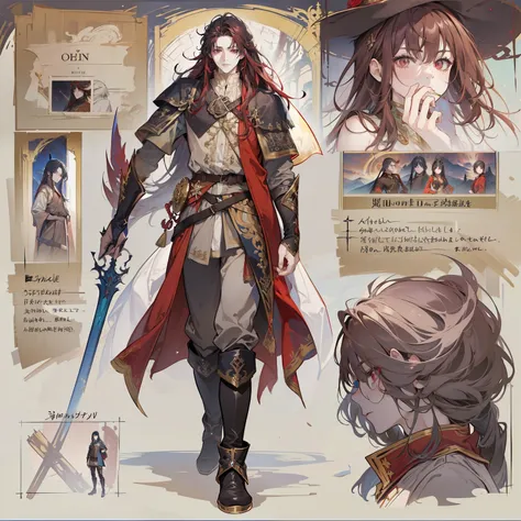 1 boy, solo, long hair, red eyes, shirt, high boots, Lightweight clothing, medieval theme, looking at viewer, fantasy art, beautiful painting, guwaika style, epic exquisite character art, stunning characters, strong man (reference sheet:1.5)