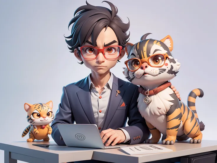 a young man in a suit, short hair and glasses sat at his desk，holding laptop，digitial painting，tigre，3d character design by mark...