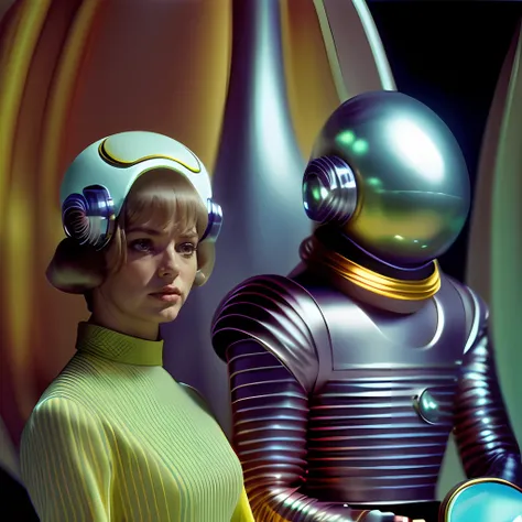 4k image from a 1960s science fiction film by Wes Anderson, Filme O Grande Hotel Budapeste, pastels colors, Young people wearing retrofuturistic alien masks and holding colorful suitcases and chests on the bus, Retro-futuristic fashion clothes from the 60s...