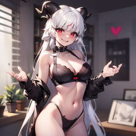 modeus(helltaker), black horns, large breasts, red eyes, symbol-shaped pupils, bra, solo, white hair, medium hair, demon tail, s...