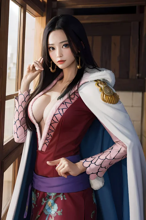 masterpiece, best quality, highres, hancock1, 1girl, boa hancock, large breasts, long hair, epaulettes, cape, side slit, cowboy shot, standing, pointing at viewer,