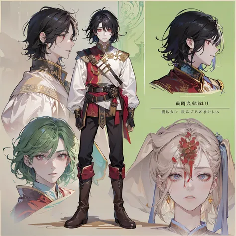 1 boy, solo, black hair, square, Bob hairstyle, bean, shoulder-length hair, red eyes, shirt, high boots, Lightweight clothing, medieval theme, looking at viewer, fantasy art, beautiful painting, guwaika style, epic exquisite character art, stunning charact...