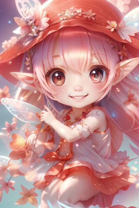 cute fairy with a sense of transparency、bright smile、have fun playing、beautiful background、bright background、red background