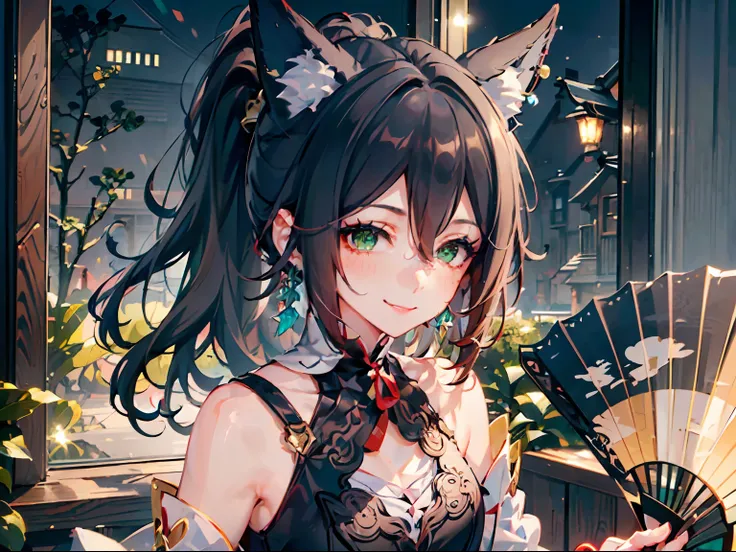 1girl, animal_ear_fluff, animal_ears, (bare_shoulders:1.1), (bracelet:1.1), earrings, green_eyes, (hair_between_eyes:1.2), (hand...