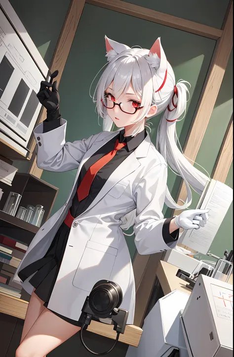 masterpiece, best quality, 1girl, laboratory, indoors, lab coat, white hair, red eyes, cat ears, necktie, round-bottom flask, gl...