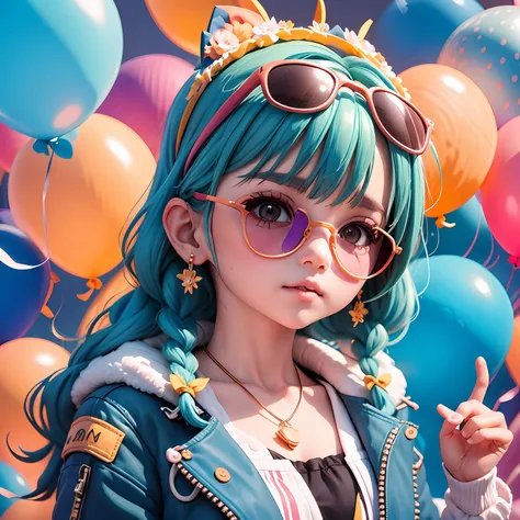 loli menino, bonita e fofa, wearing blue sunglasses, jaqueta amarela, moletom branco, lots of colorful balloons, babyface, estil...