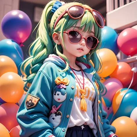 loli menino, bonita e fofa, wearing blue sunglasses, jaqueta amarela, moletom branco, lots of colorful balloons, babyface, estil...