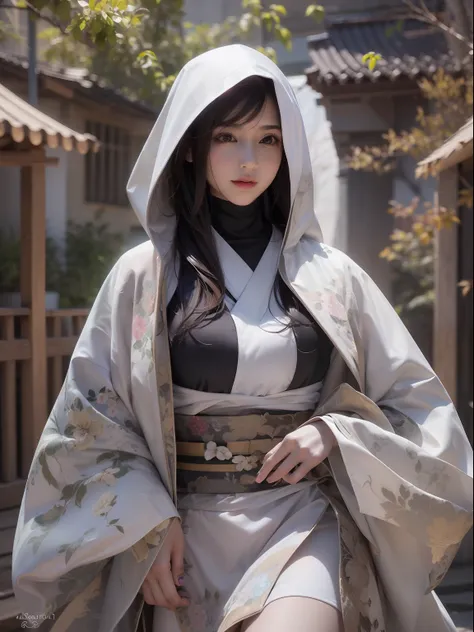 best quality, (extremely detailed: 1.5), masterpiece, ultra high res,(photo realistic:1.4), 1 beautiful woman, black kimono, ful...