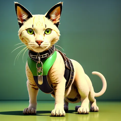 there's a cat with a leash and a green tag on it, olhar :: octan render, bonito 3d render, jaque blindado, um gato ciborgue, den...