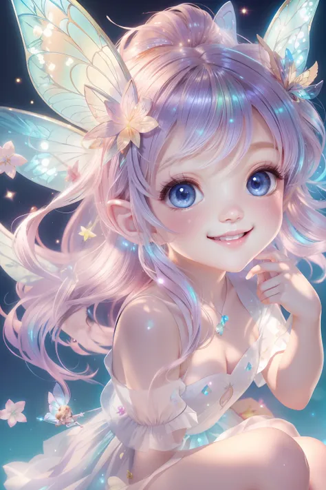 cute fairy with a sense of transparency、bright smile、have fun playing、beautiful background、bright background、iridescent backgrou...