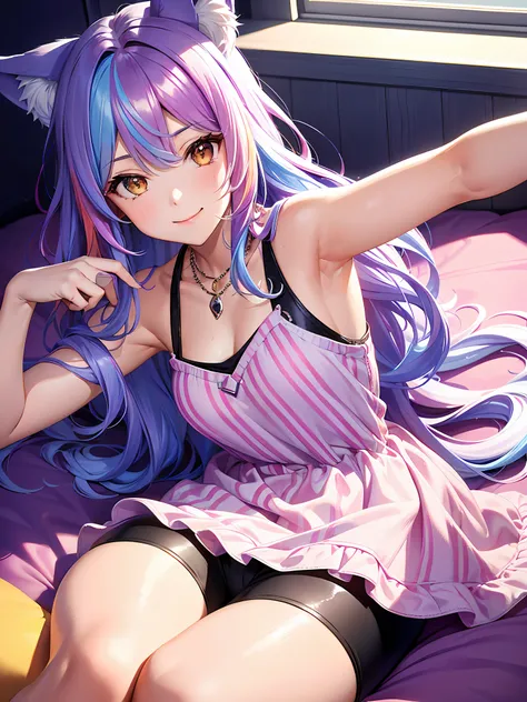 Close up, upper body, 1 girl, smile, wolf ears, wolf tail, random eyes: 10, hair between eyes, split color hair: 5, (((Colorful hair color: 1))))), (((Random hair color: 1)))), Colorful hairstyle: 5, Striped hair, Long hair, hair end jewels, (Cute random C...