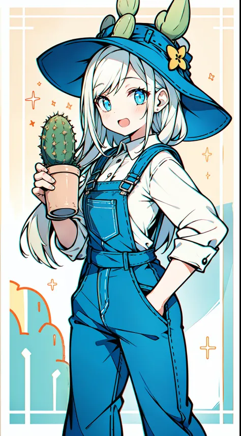 1girl, holding a cactus, wearing overalls