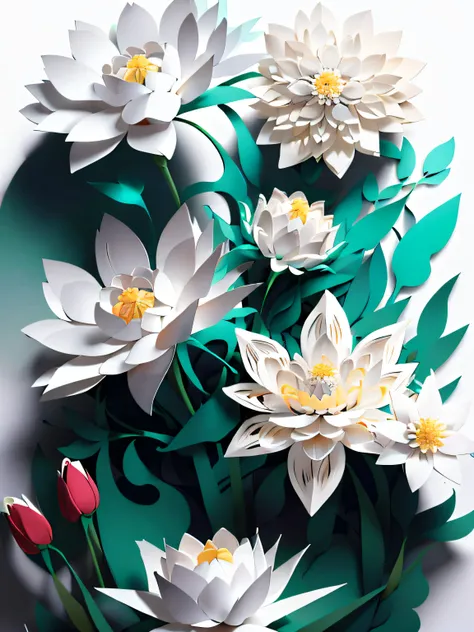 (((masterpiece))),best quality, illustration,beautiful detailed glow, flowers,white background, paper_cut,