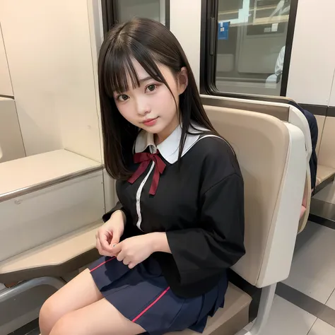 asian woman in araffe sitting on train seat、japan girl uniform、校服、pleatedskirt、young realistic sculpture idol、surreal students、h...