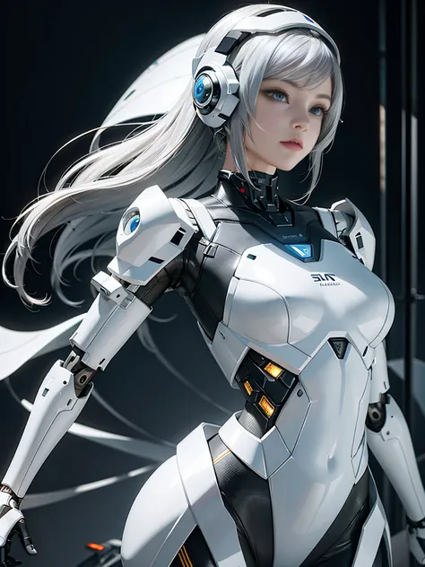 silver-white mech，robotic arm，mechanical helmets，delicate-faced girl