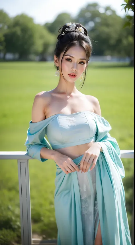 Fashion model 20 years old [[[[closeup cleavage]]]], [[[[boobgasm]]]], [[[[coll]]]], [[[[bshoulders]]]], perfect  eyes, Perfect iris，perfect lips，perfect teeth，Perfect skin，Long face，Soft front light，hdr，Movie girl，Casual，The background is green trees and ...