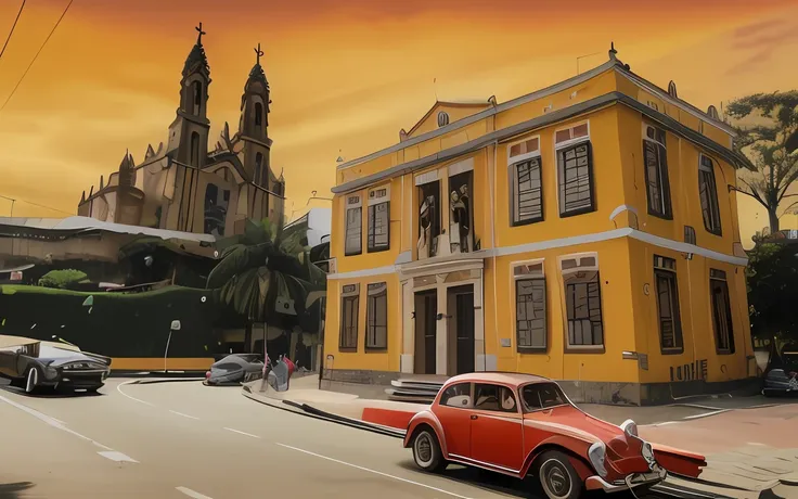 cars are parked on the side of the road in front of a yellow building, rua da era colonial, cuban setting, historical setting, r...