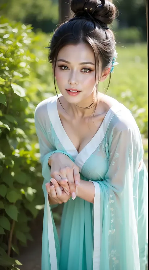 Fashion model 20 years old [[[[closeup cleavage]]]], [[[[boobgasm]]]], [[[[coll]]]], [[[[bshoulders]]]], perfect  eyes, Perfect iris，perfect lips，perfect teeth，Perfect skin，Long face，Soft front light，hdr，Movie girl，Casual，The background is green trees and ...