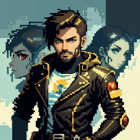 personagem encostando em uma moto pixel cyberpunk