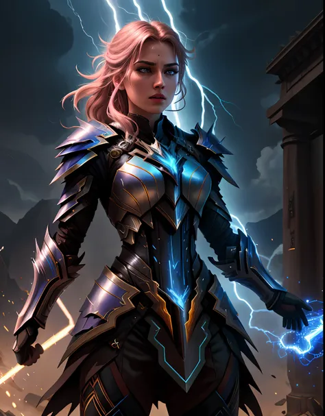 4k, masterpiece, highres, absurdres,
edgthunderstruck,woman in armor,lightning bolt ,wearing edgthunderstruck_armor, electrified...