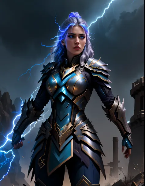 4k, masterpiece, highres, absurdres,
edgthunderstruck,woman in armor,lightning bolt ,wearing edgthunderstruck_armor, electrified...