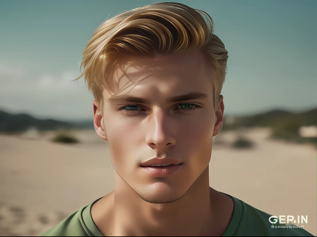 arafed man with a green shirt staring at the camera, blonde man, handsome attractive face, perfect handsome face, lean man with ...