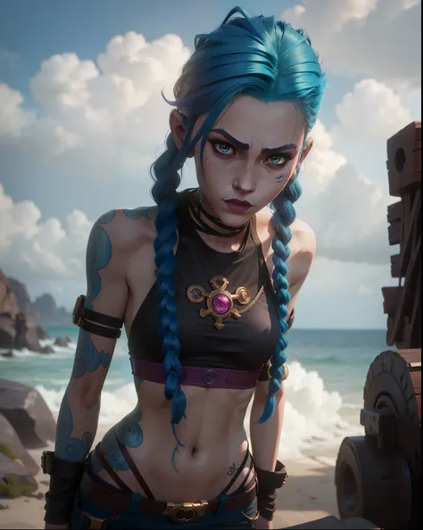 estilo Arcane, 1girl, cloud tattoo on the arm, asymmetrical bangs, franja, cabelo azul, blue braids, camisa marrom, tatuagem de nuvem, de lado, cabelo azul, cabelo longo, olhos cor de rosa, red-lips, standingn , tatuagem de nuvem, twin braids. Jinx de Arca...