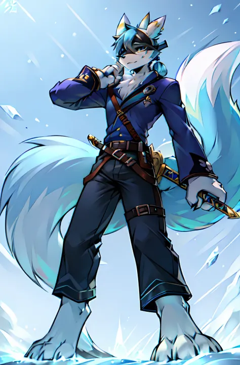 a close up of a ((white fur)) ((masculine ))renamon like digimon \(creature\))) with ((long navy-blue hair with light blue )) , ...