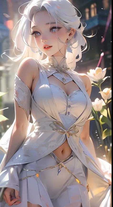 realistic, 1girl, white hair, purple eyes, glowing eyes, cropped top, skirt, parted lips, blush, night, flowers, sun, sunlight, ...