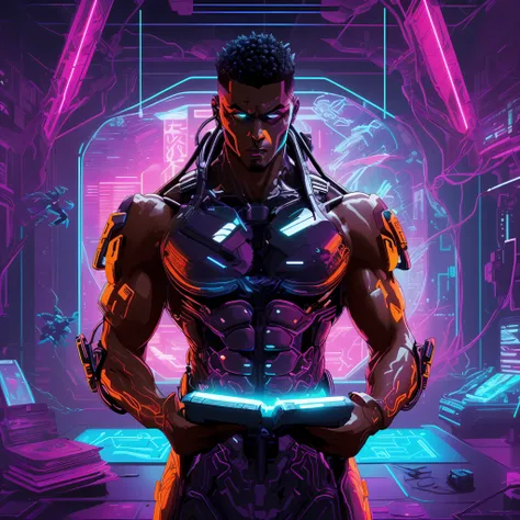 um close up de uma pessoa segurando um livro em uma sala, musculoso! cyberpunk, um ciborgue negro adolescente, neon scales and c...