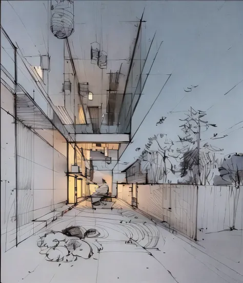 sketch, building, indoors, interior, garden, lantern, people, trees, landscape, night