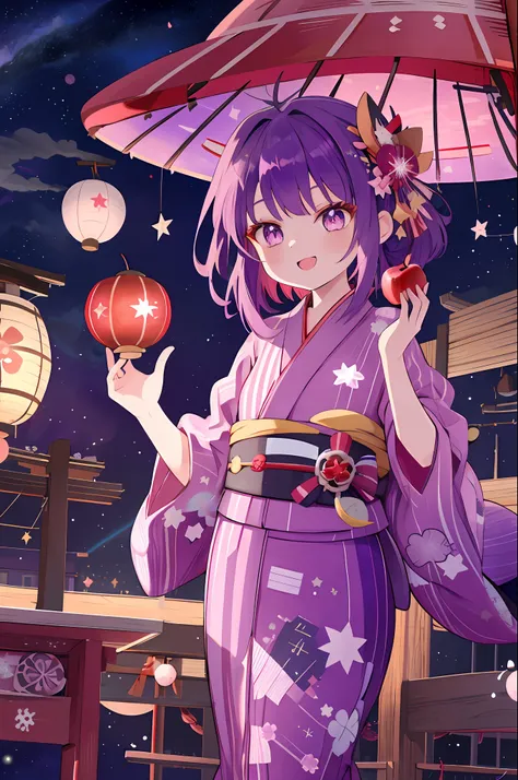 1 girl in、Long purple hair、Little witchs hat、Purple eyes、((Red yukata))、Yukata with star pattern、I have apple candy、Smile、food stand、nigh sky、paper lanterns、Delicate background、((Masterpiece Highest Quality:1.2)), [[[Malformed hands]]], [[[[multiple limbs]...