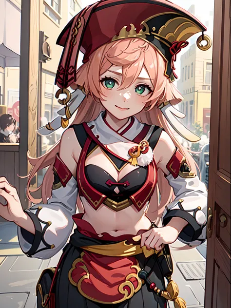 (yanfei), A heartwarming illustration of Yanfei looking beautiful as she selflessly helps someone in the city. Her kind and compassionate nature shines through in the artwork, as she extends a helping hand to someone in need. The artist skillfully captures...