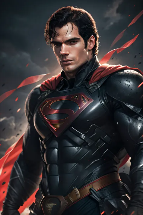 henry cavill as superman, 40s year old, all black and red details suit, red cape, strain of hair covering forehead, short cut ha...