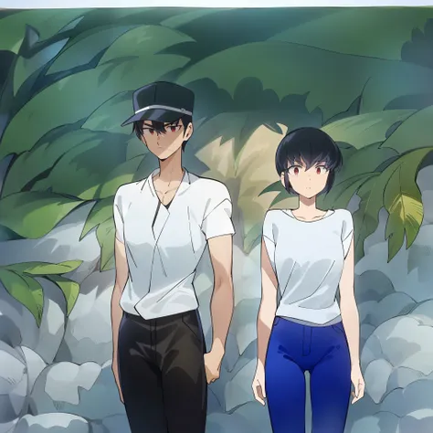 couple walking along the coast、man in uniform wearing school hat、woman is a short-haired boyish girl in white t-shirt and jeans、...