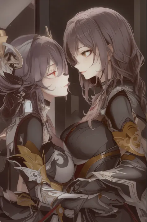 anime - stylistic image of two women in costume kissing each other, wlop and sakimichan, genshin, 8k high quality detailed art, ...